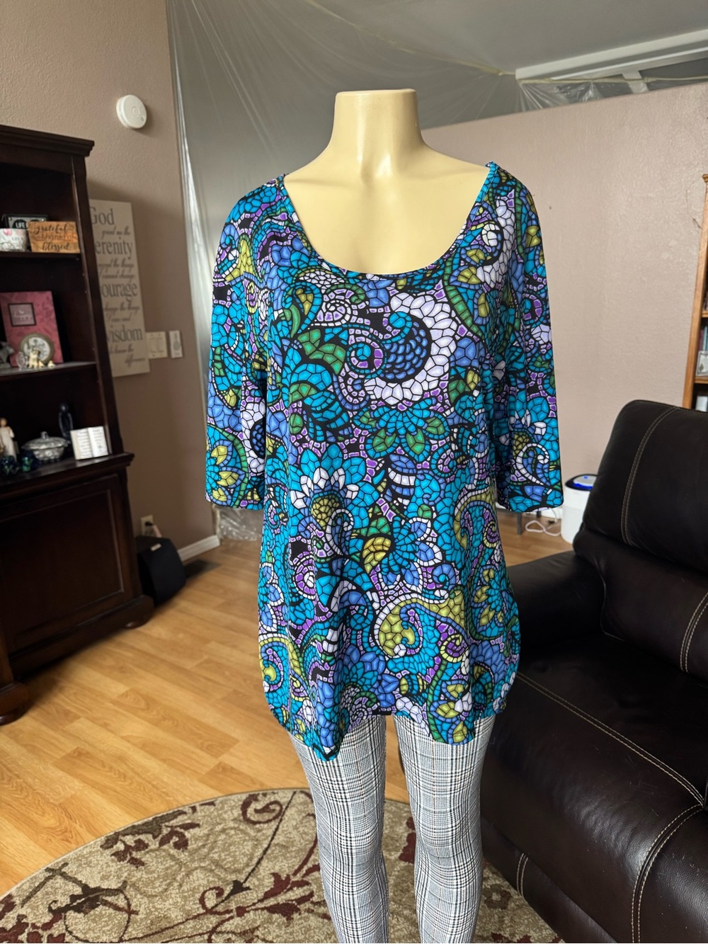 Collections Etc. blue multicolored scoop neck tunic top-size L